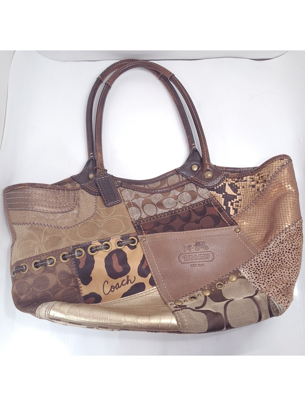 Coach Bleecker 12899 brown Patchwork Tote Bag purse patchwork animal Vintage